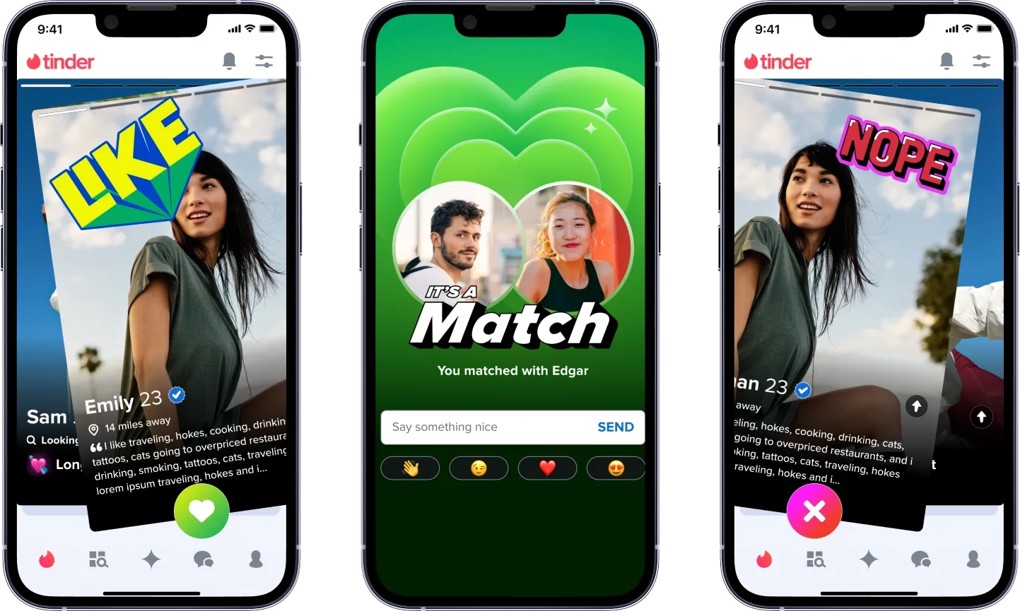 Examples of the screens used in Tinder for swipe-left, swipe-right, and matches.